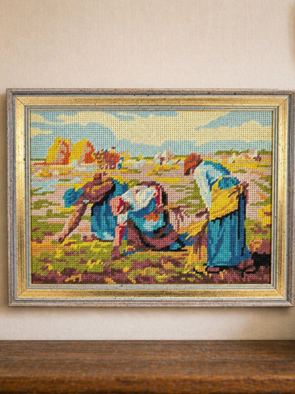 Vintage Needlepoint The Gleaners after Millet Painting, Framed Embroidery Art